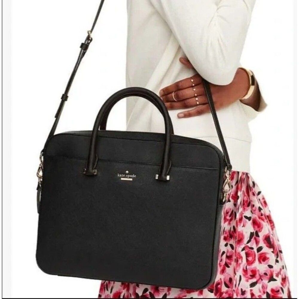NEW Kate Spade 100% Leather 13 Inch Laptop Bag Work Bag Detachable Strap Black